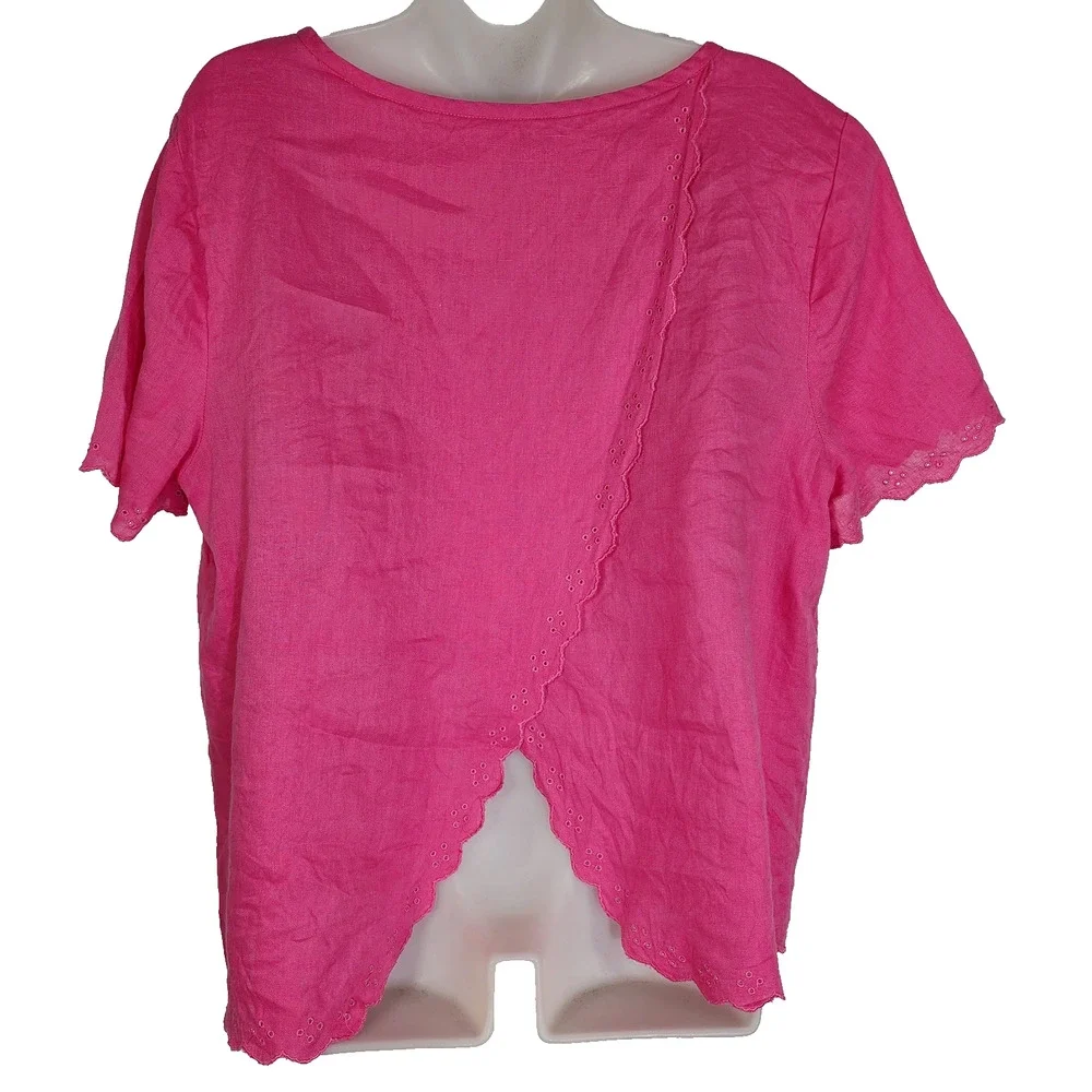 J Crew Womens Top Size 14 Linen Short Sleeve Tulip Back Scalloped Eyelet Pink